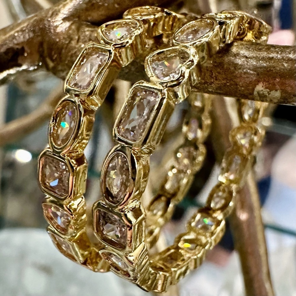 NEW Yellow Gold-Plated Multi-Shape Clear Crystal Diamond Bezel Set Hoop Earrings
